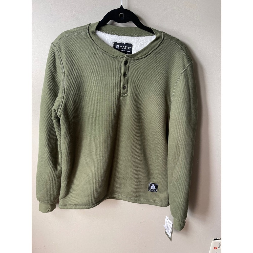 Matix Mens Henley Sweatshirt Olive Green Waffle Knit Fleece Lined Small NEW